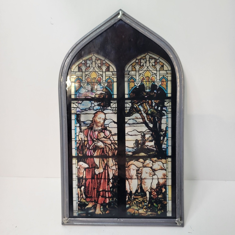 Vintage Jesus The Good‎ Shepherd Faux Stained Glass Framed Wall Art Decor